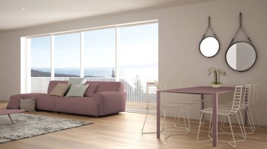 Penthouse minimalist mutfak iç tasarım, kanepe ve halı ile salon, yemek masası, tabure, parke ile ada. Modern çağdaş beyaz ve kırmızı mimari kavram fikri