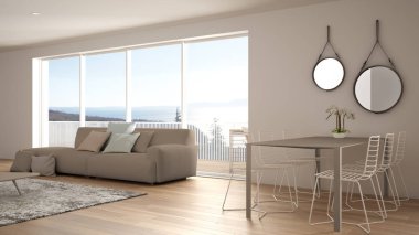Penthouse minimalist mutfak iç tasarım, kanepe ve halı ile salon, yemek masası, tabure, parke ile ada. Modern çağdaş beyaz ve bej mimari kavram fikri