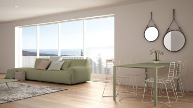 Penthouse minimalist mutfak iç tasarım, kanepe ve halı ile salon, yemek masası, tabure, parke ile ada. Modern çağdaş beyaz ve yeşil mimari kavram fikri