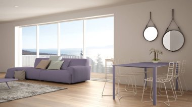 Penthouse minimalist mutfak iç tasarım, kanepe ve halı ile salon, yemek masası, tabure, parke ile ada. Modern çağdaş beyaz ve menekşe mimari kavram fikri