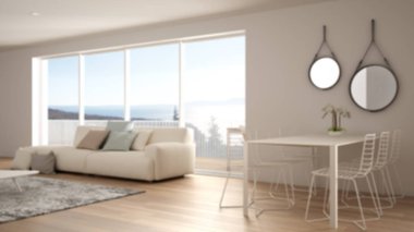 Bulanıklık arka plan iç tasarım, penthouse oturma odası ve mutfak iç tasarım, kanepe ve halı, yemek masası, parke ile salon. Modern mimari kavram fikri