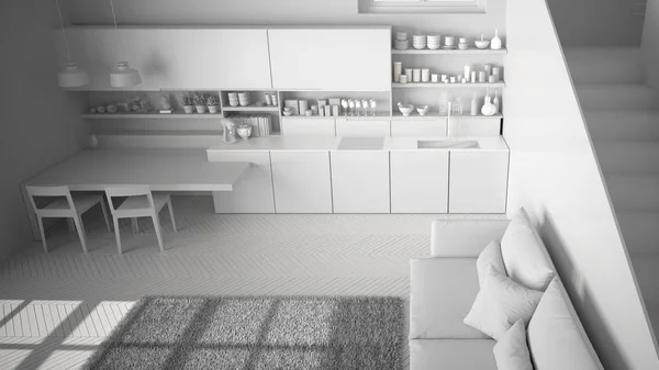 Całkowity biały projekt minimalistycznej nowoczesnej kuchni we współczesnej otwartej przestrzeni z czystą klatką schodową, pokój dzienny z kanapą i dywanem, koncepcja architektury wnętrz koncepcji, widok z góry — Zdjęcie stockowe