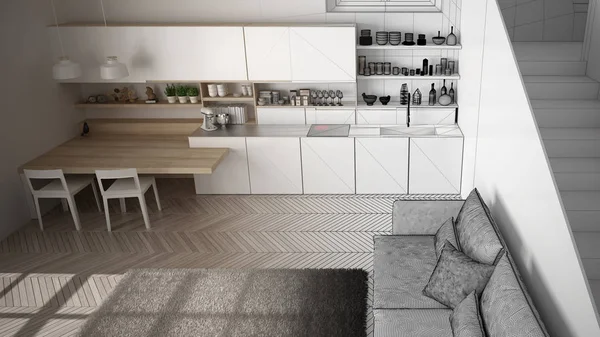 Mimar iç tasarımcı kavramı: gerçek olur bitmemiş proje, merdiven ile minimalist modern mutfak, oturma odası, modern iç tasarım konsept fikri, üst görünümü