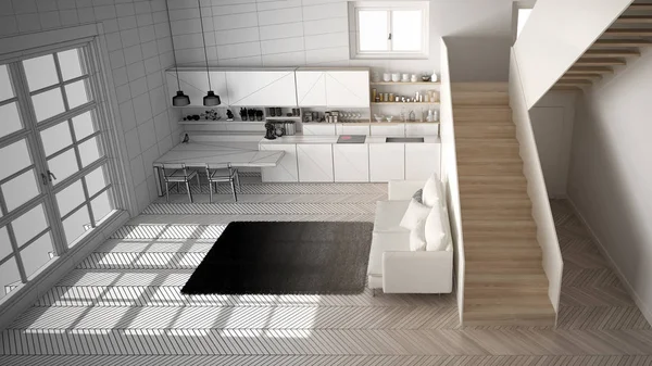 Koncepcja projektanta wnętrz architekta: niedokończony projekt, który staje się prawdziwą, minimalistyczną nowoczesną kuchnią z klatką schodową, salonem, nowoczesnym pomysłem koncepcji wystroju wnętrz, widokiem z góry — Zdjęcie stockowe