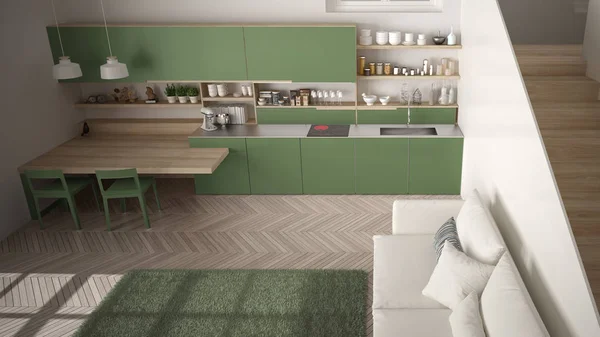 Minimalistische moderne weiße, grüne und hölzerne Küche im modernen offenen Raum mit sauberem Treppenhaus, Wohnzimmer mit Sofa und Teppich, Innenarchitektur-Konzept-Idee, Draufsicht — Stockfoto