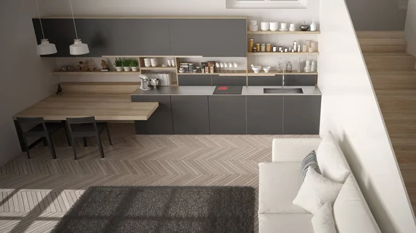 Minimalistisk modern vit, grå och trä kök i modern öppen yta med ren trappa, vardagsrum med soffa och matta, inredningsarkitektur koncept idé, uppifrån — Stockfoto