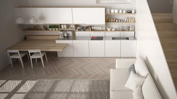 Minimalistyczna nowoczesna biała i drewniana kuchnia we współczesnej otwartej przestrzeni z czystą klatką schodową, pokój dzienny z kanapą i dywanem, koncepcja architektury wnętrz koncepcji, widok z góry — Zdjęcie stockowe