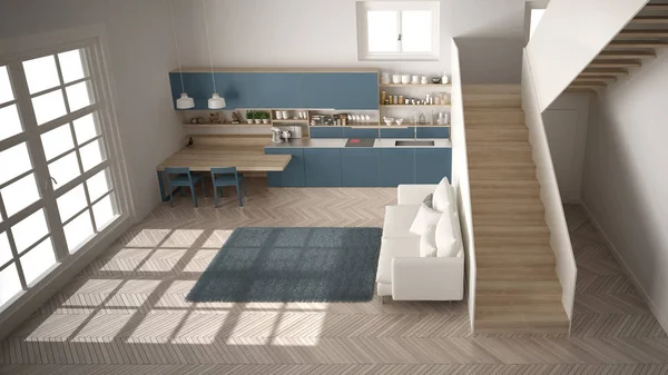 Minimalist modern beyaz, mavi ve ahşap mutfak temiz merdiven ile çağdaş açık alanda, kanepe ve halı ile oturma odası, iç tasarım mimari konsept fikir, üst görünümü