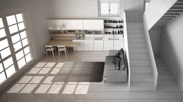 Mimar iç tasarımcı kavramı: gerçek olur bitmemiş proje, merdiven ile minimalist modern mutfak, oturma odası, modern iç tasarım konsept fikri, üst görünümü