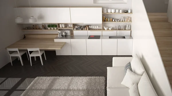 Minimalistisk modern vit och trä kök i modern öppen yta med ren trappa, vardagsrum med soffa och matta, inredningsarkitektur koncept idé, uppifrån — Stockfoto