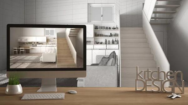 Arkitekt designer project koncept, träbord med hus nycklar, 3d bokstäver ord köksdesign och desktop visar utkast, blåkopia Cad skiss i den bakgrund, vit inredning och designen — Stockfoto