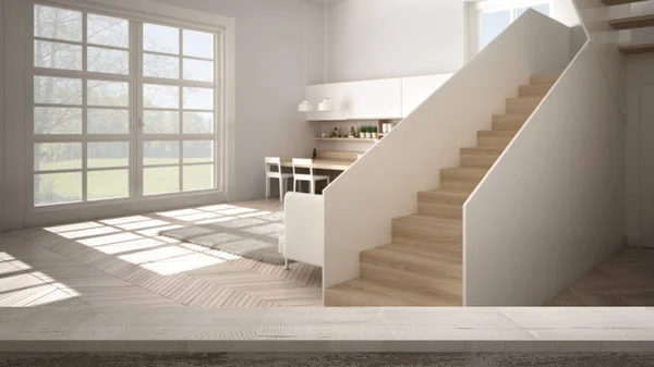 Mesa de madera vintage o primer plano estante, estado de ánimo zen, sobre la cocina contemporánea minimalista blanca y de madera con escalera moderna, diseño interior de arquitectura blanca —  Fotos de Stock