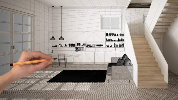Prázdný bílý interiér s bílou slaninkou parketovou podlahou, Ruční kresba design vlastní architektury, náčrt černé barvy, schéma zobrazující moderní minimalistickou kuchyň, koncept, mockup, idea — Stock fotografie