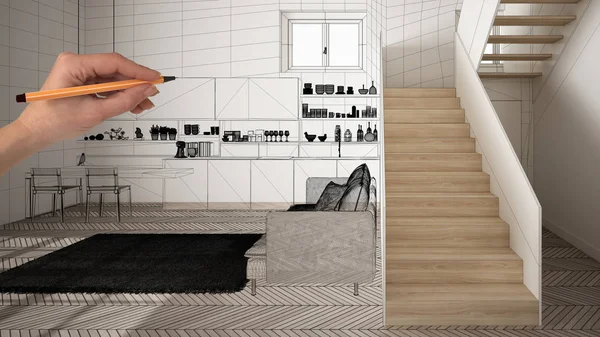 Beyaz ringa kemiği parke zemin ile boş beyaz iç, el çizim özel mimari tasarım, siyah mürekkep kroki, modern minimalist mutfak gösteren plan, konsept, mockup, fikir