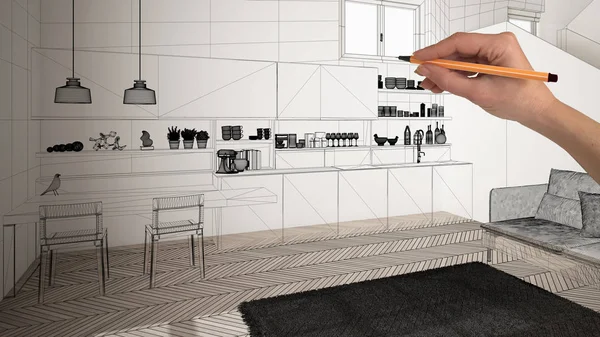 Beyaz ringa kemiği parke zemin ile boş beyaz iç, el çizim özel mimari tasarım, siyah mürekkep kroki, modern minimalist mutfak gösteren plan, konsept, mockup, fikir