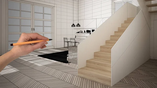 Beyaz ringa kemiği parke zemin ile boş beyaz iç, el çizim özel mimari tasarım, siyah mürekkep kroki, modern minimalist mutfak gösteren plan, konsept, mockup, fikir