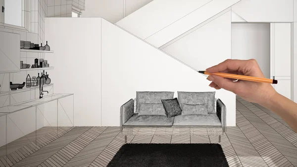 Beyaz ringa kemiği parke zemin ile boş beyaz iç, el çizim özel mimari tasarım, siyah mürekkep kroki, modern minimalist mutfak gösteren plan, konsept, mockup, fikir