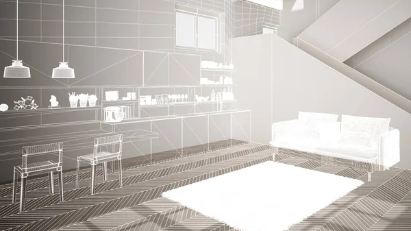 Beyaz ringa kemiği parke zemin, özel mimari tasarım projesi, beyaz mürekkep kroki, modern mutfak, konsept, maket, mimari fikir gösteren plan ile boş beyaz iç