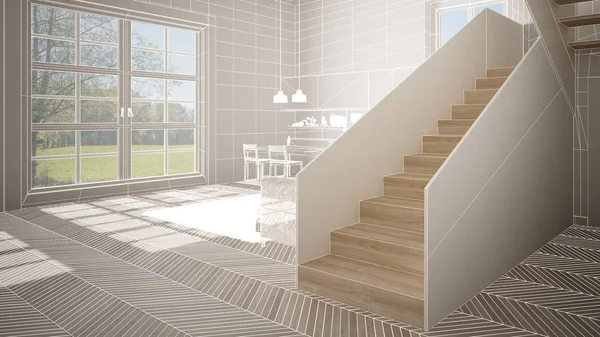 Beyaz ringa kemiği parke zemin, özel mimari tasarım projesi, beyaz mürekkep kroki, modern mutfak, konsept, maket, mimari fikir gösteren plan ile boş beyaz iç