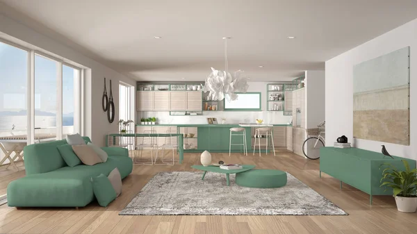 Penthouse salon et cuisine design intérieur, salon avec canapé et tapis, table à manger, îlot, tabourets, parquet. Concept moderne minimaliste d'architecture blanche et turquoise — Photo