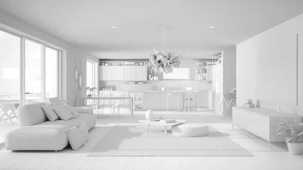 Całkowity biały projekt Penthouse salonu i kuchni wystroju wnętrz, salon z sofą i dywanem, stół, wyspa z stołkami, parkiet. Idea koncepcji nowoczesnej architektury białej — Zdjęcie stockowe