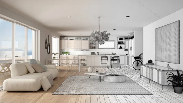Arkitekt inredningsdesign koncept: ofullbordat projekt som blir verkligt, takvåning vardagsrum och kök inredning, soffa och matta, matbord, parkett, koncept idé — Stockfoto