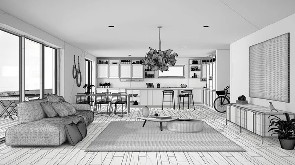 Penthouse oturma odası ve mutfak iç tasarım bitmemiş proje, kanepe ve halı ile salon, yemek masası, tabureile ada, parke, modern mimari konsept fikir