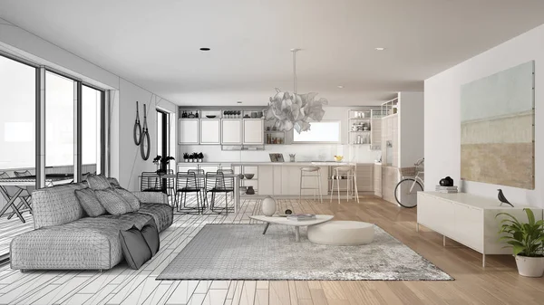Mimar iç tasarımcı kavramı: gerçek olur bitmemiş proje, penthouse oturma odası ve mutfak iç tasarım, kanepe ve halı, yemek masası, parke, konsept fikir