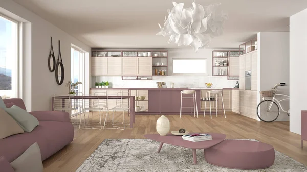 Penthouse oturma odası ve mutfak iç tasarım, kanepe ve halı ile salon, yemek masası, tabure, parke ile ada. Modern minimalist beyaz ve kırmızı mimari kavram fikri