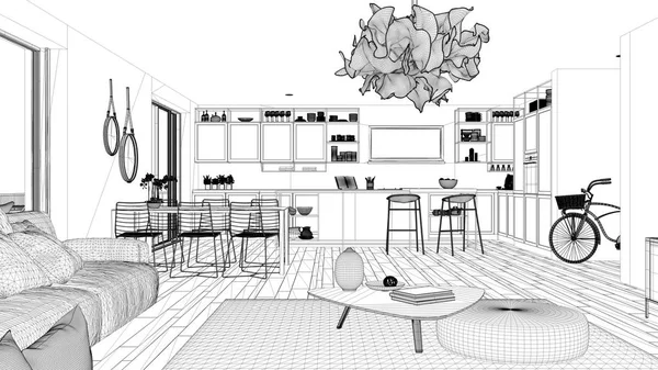 Projekt projektu Blueprint, Penthouse salonu i kuchni wystroju wnętrz, salon z kanapą i dywanem, stół, wyspa z stołkami, parkiet, koncepcja nowoczesnej koncepcji architektury — Zdjęcie stockowe