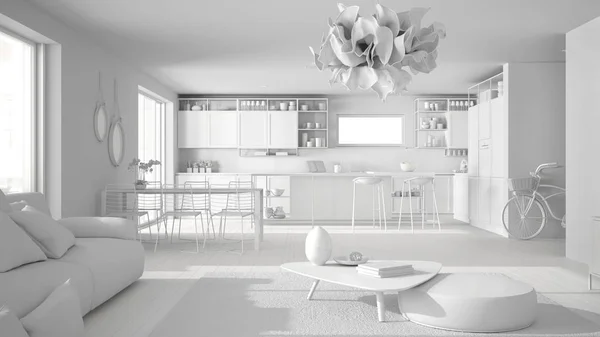 Celkový bílý projekt obývacího pokoje a interiér kuchyně, salonek s pohovkou a kobercem, Jídelní stolek, ostrov se stoličkami, parket. Koncepce moderního bílého stavitelství — Stock fotografie