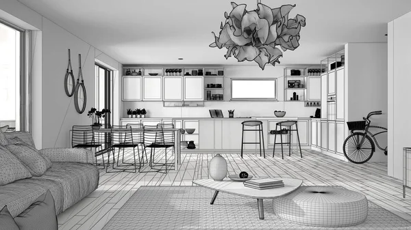 Penthouse oturma odası ve mutfak iç tasarım bitmemiş proje, kanepe ve halı ile salon, yemek masası, tabureile ada, parke, modern mimari konsept fikir