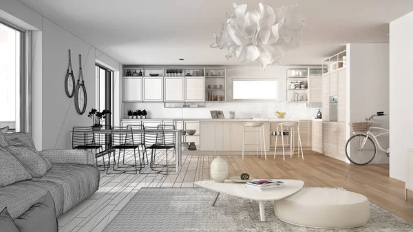 Mimar iç tasarımcı kavramı: gerçek olur bitmemiş proje, penthouse oturma odası ve mutfak iç tasarım, kanepe ve halı, yemek masası, parke, konsept fikir