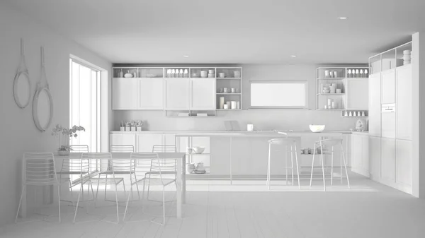 Proyek total putih penthouse desain interior dapur minimalis, meja makan, pulau dengan bangku, parket. Gagasan konsep arsitektur putih modern — Stok Foto