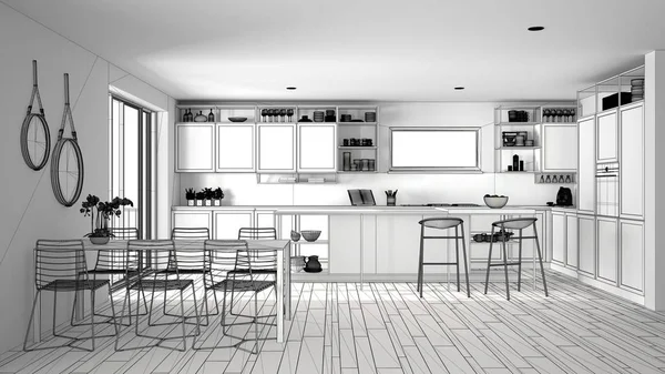 Progetto incompiuto di attico cucina minimalista interior design, tavolo da pranzo, isola con sgabelli, parquet, idea concetto di architettura moderna — Foto Stock