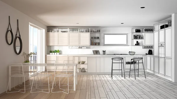 Mimar iç tasarımcı kavramı: gerçek olur bitmemiş proje, penthouse mutfak iç tasarım, tabureler ile ada, yemek masası, parke, konsept fikir