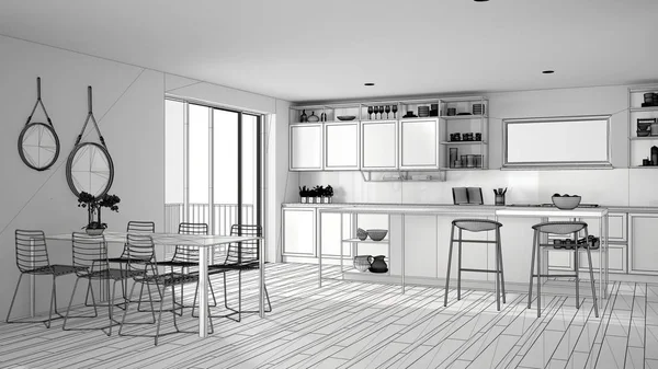 Ημιτελές έργο του ρετιρέ μινιμαλιστική κουζίνα εσωτερικό σχεδιασμό, τραπέζι φαγητού, νησί με σκαμπό, παρκέ, σύγχρονη ιδέα αρχιτεκτονικής αντίληψη — Φωτογραφία Αρχείου