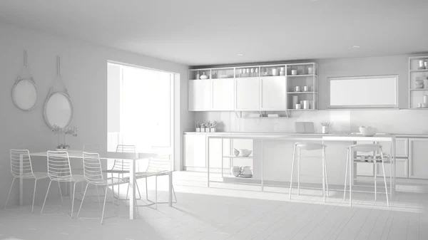 Progetto total white di attico minimalista cucina interior design, tavolo da pranzo, isola con sgabelli, parquet. Idea di concetto di architettura bianca moderna — Foto Stock