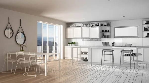 Mimar iç tasarımcı kavramı: gerçek olur bitmemiş proje, penthouse mutfak iç tasarım, tabureler ile ada, yemek masası, parke, konsept fikir