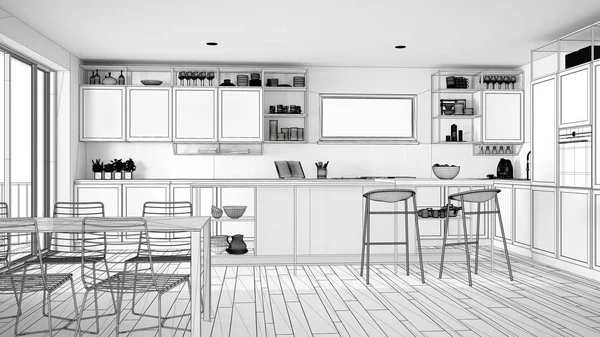 ペントハウスミニマリストキッチンインテリアデザイン、ダイニングテーブル、スツール付き島、寄木細工、近代的な建築コンセプトのアイデアの未完成のプロジェクト — ストック写真
