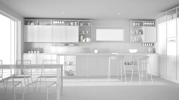 Σύνολο λευκό έργο του ρετιρέ μινιμαλιστική κουζίνα εσωτερικό σχεδιασμό, τραπέζι φαγητού, νησί με σκαμπό, παρκέ. Μοντέρνα λευκή αρχιτεκτονική ιδέα — Φωτογραφία Αρχείου