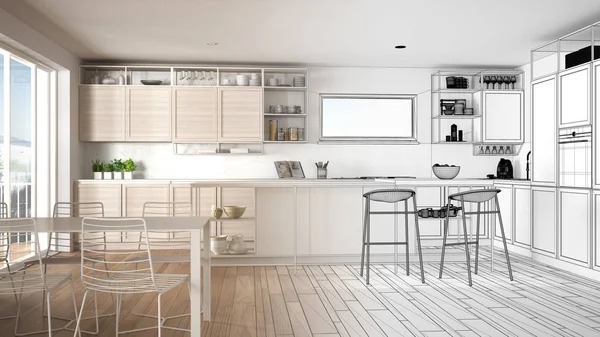 Mimar iç tasarımcı kavramı: gerçek olur bitmemiş proje, penthouse mutfak iç tasarım, tabureler ile ada, yemek masası, parke, konsept fikir
