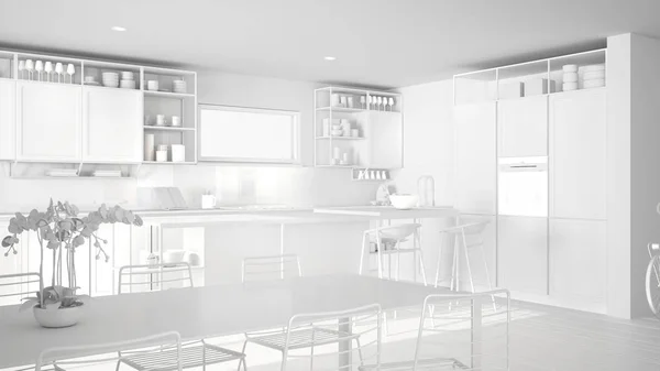 Total white project of penthouse minimalist kitchen interior design, dining table, island with stools, parquet. Modern white architecture concept idea