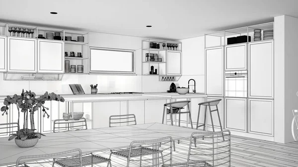 Penthouse minimalist mutfak iç tasarım bitmemiş proje, yemek masası, tabureler, parke, modern mimari konsept fikir ile ada