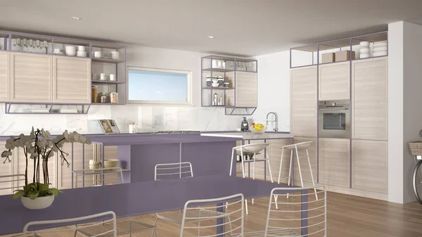 Penthouse cozinha minimalista design de interiores, salão com sofá e carpete, mesa de jantar, ilha com bancos, parquet. Conceito de arquitetura moderna contemporânea branca e violeta — Fotografia de Stock