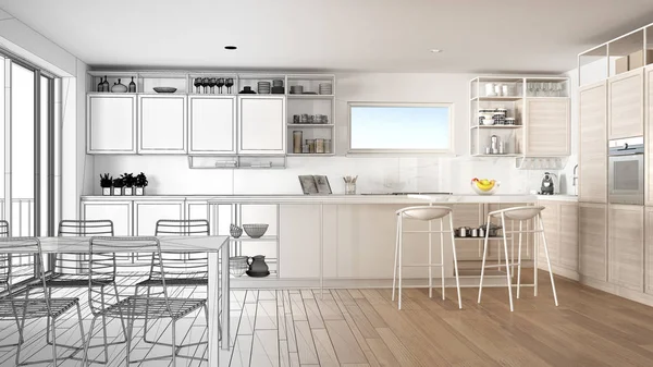 Mimar iç tasarımcı kavramı: gerçek olur bitmemiş proje, penthouse mutfak iç tasarım, tabureler ile ada, yemek masası, parke, konsept fikir