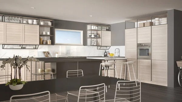 Penthouse minimalistyczny wystrój wnętrz kuchni, salon z sofą i dywanem, stół, wyspa z stołkami, parkiet. Idea nowoczesnej architektury współczesnej szarości — Zdjęcie stockowe