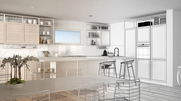 Architect interior designer concept: unfinished project that becomes real, penthouse kitchen interior design, island with stools, dining table, parquet, concept idea