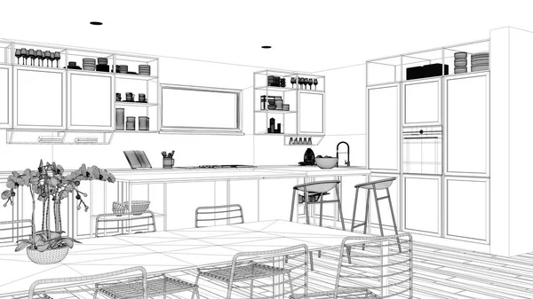 Προσχέδιο σχέδιο σχεδίου, ρετιρέ μινιμαλιστική κουζίνα εσωτερικό σχεδιασμό, νησί και σκαμπό, τραπέζι φαγητού, ντουλάπι και αξεσουάρ, παρκέ, σύγχρονη ιδέα αρχιτεκτονικής αντίληψη — Φωτογραφία Αρχείου
