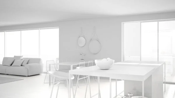 Całkowity biały projekt Penthouse minimalistyczny projekt wnętrz kuchni, stół, wyspa z taborety, parkiet. Idea koncepcji nowoczesnej architektury białej — Zdjęcie stockowe
